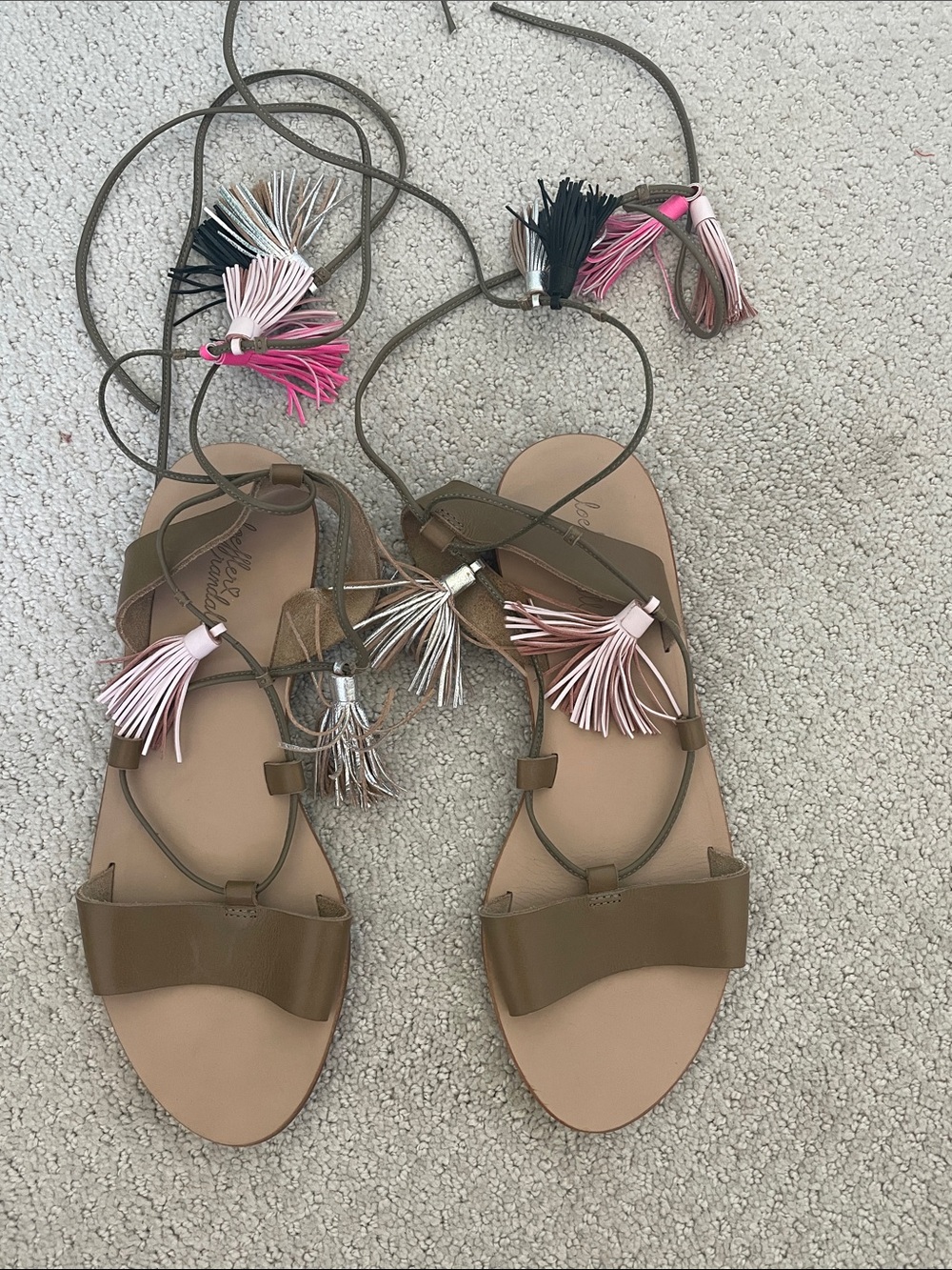 Loeffler Randall Women's Brown Leather Lace-Up Tassel Sandals - Pink Accent